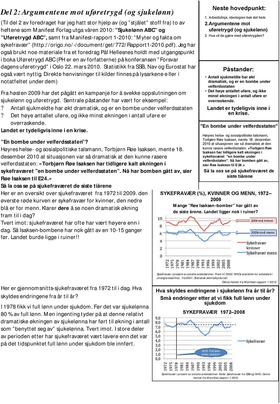 Jeg har også brukt noe materiale fra et foredrag Pål Hellesnes holdt med utgangspunkt i boka Uføretrygd ABC (PH er en av forfatterne) på konferansen Forsvar dagens uføretrygd i Oslo 22. mars 21.