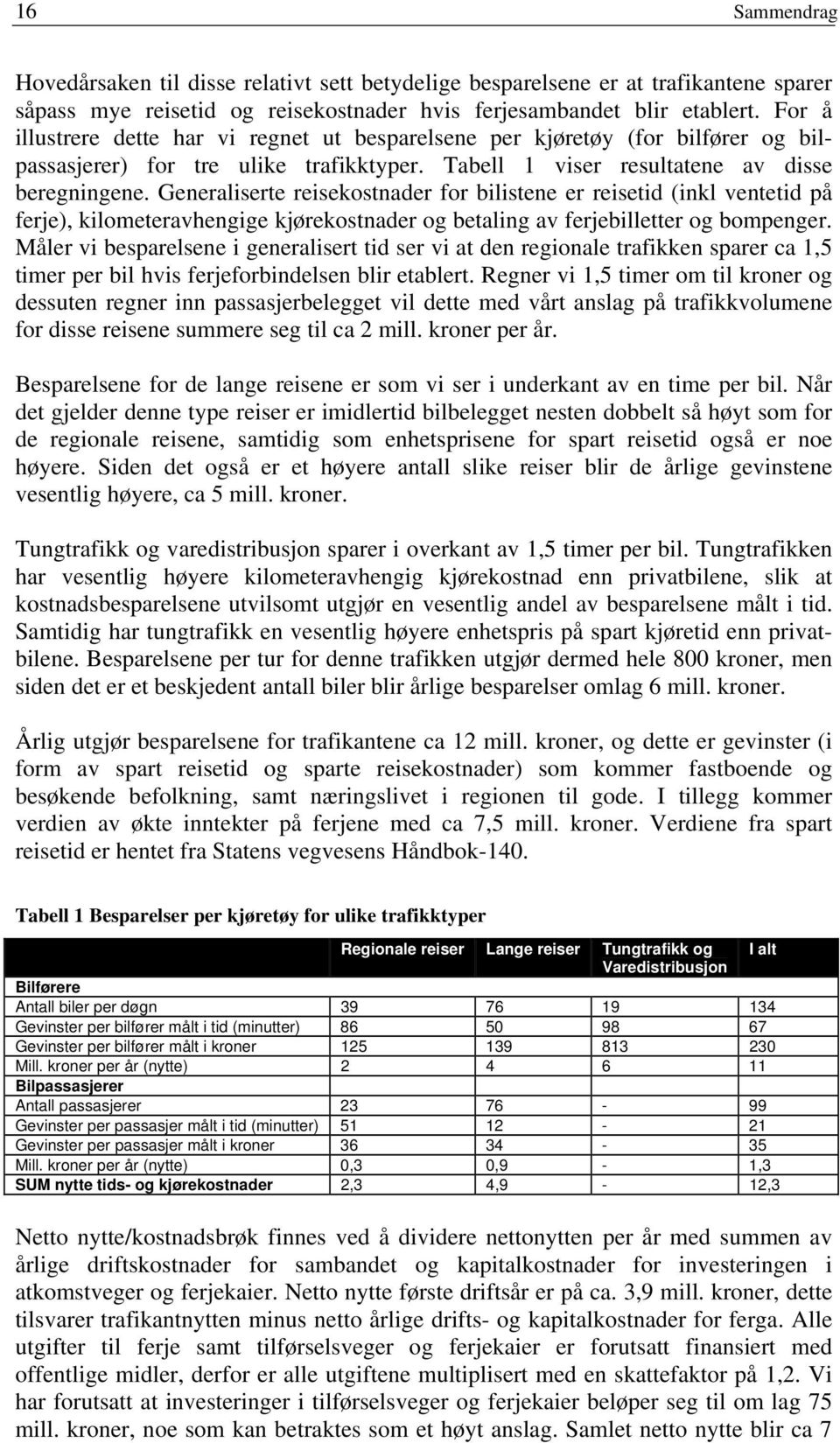 Generaliserte reisekostnader for bilistene er reisetid (inkl ventetid på ferje), kilometeravhengige kjørekostnader og betaling av ferjebilletter og bompenger.