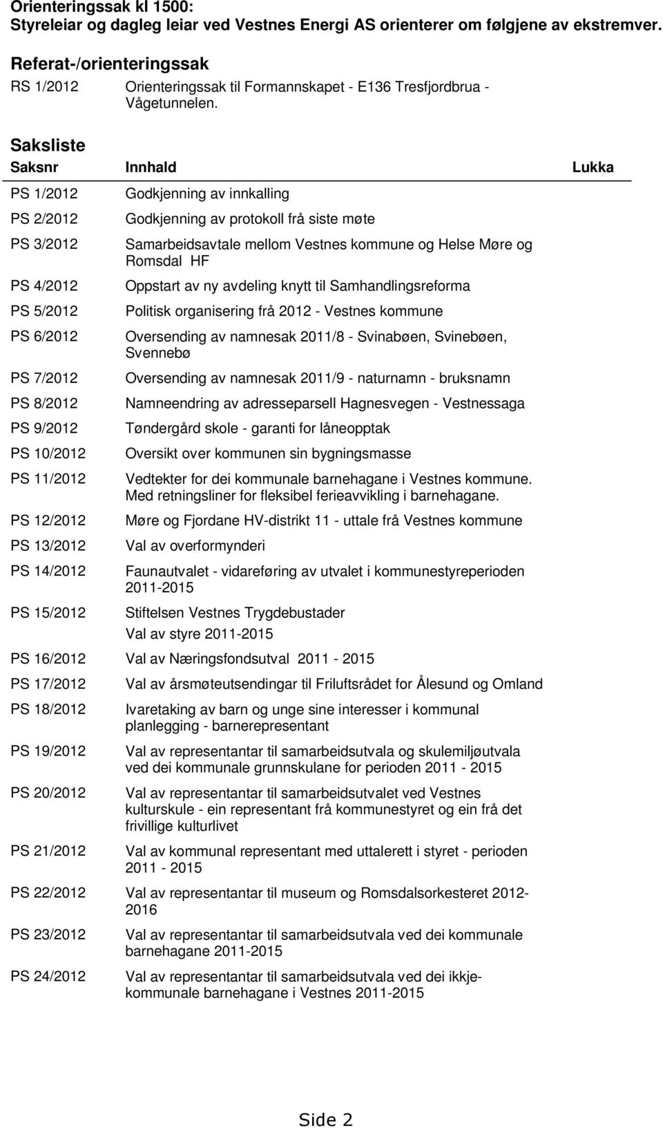 Saksliste Saksnr Innhald Lukka PS 1/2012 PS 2/2012 PS 3/2012 PS 4/2012 PS 5/2012 PS 6/2012 PS 7/2012 PS 8/2012 PS 9/2012 PS 10/2012 PS 11/2012 PS 12/2012 PS 13/2012 PS 14/2012 PS 15/2012 Godkjenning