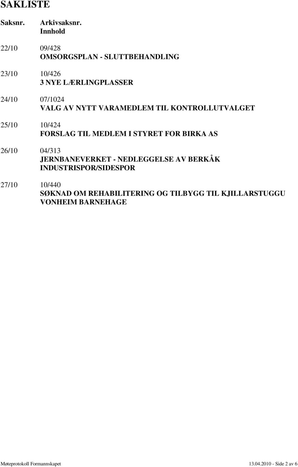 NYTT VARAMEDLEM TIL KONTROLLUTVALGET 25/10 10/424 FORSLAG TIL MEDLEM I STYRET FOR BIRKA AS 26/10 04/313