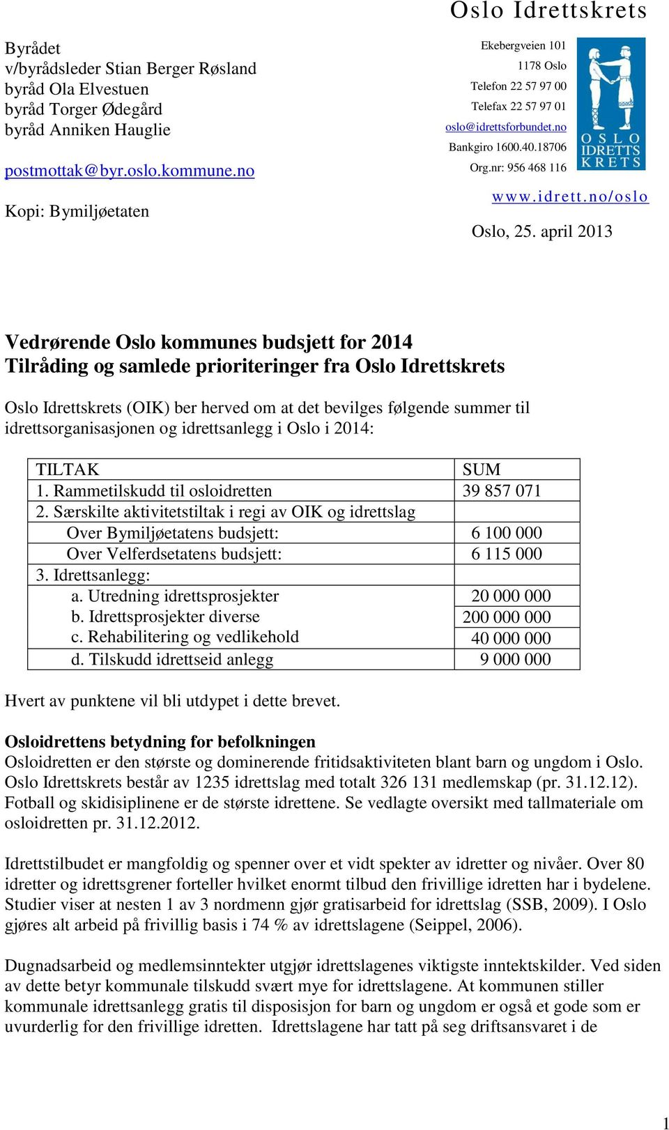 april 2013 Vedrørende Oslo kommunes budsjett for 2014 Tilråding og samlede prioriteringer fra Oslo Idrettskrets Oslo Idrettskrets (OIK) ber herved om at det bevilges følgende summer til