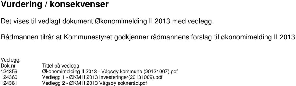 Vedlegg: Dok.nr Tittel på vedlegg 124359 Økonomimelding II 2013 - Vågsøy kommune (20131007).