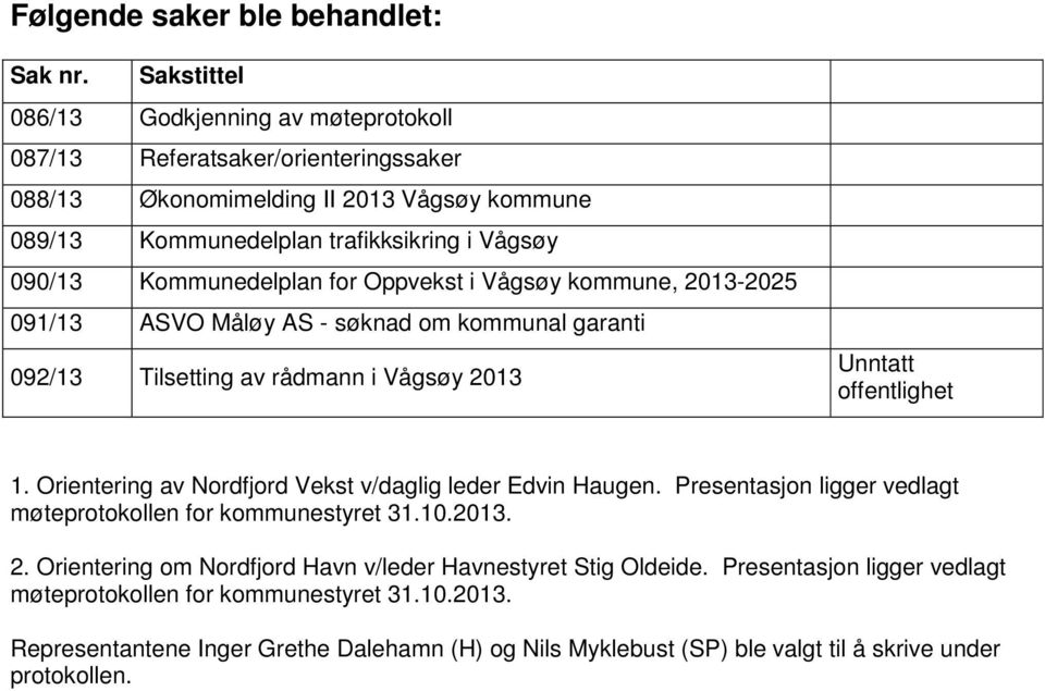 Kommunedelplan for Oppvekst i Vågsøy kommune, 2013-2025 091/13 ASVO Måløy AS - søknad om kommunal garanti 092/13 Tilsetting av rådmann i Vågsøy 2013 Unntatt offentlighet 1.