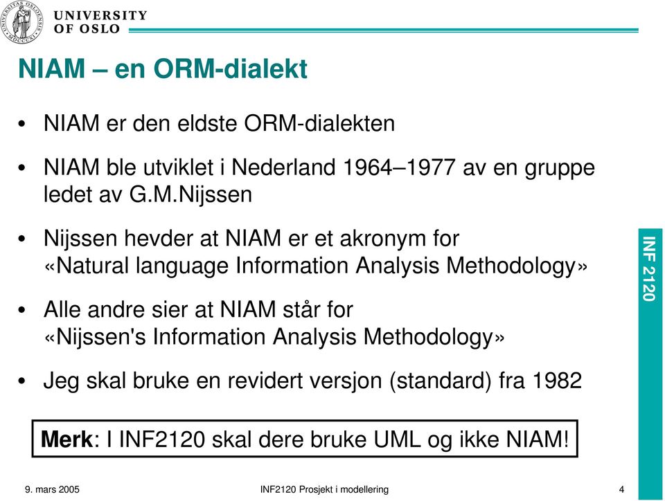 Nijssen Nijssen hevder at NIAM er et akronym for «Natural language Information Analysis Methodology» Alle andre
