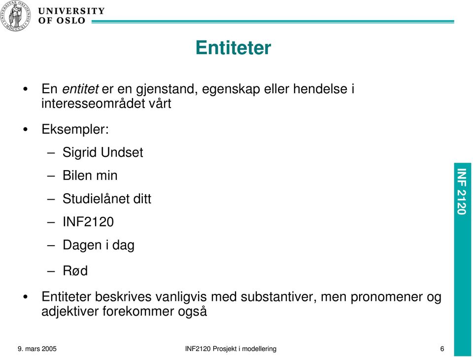 INF2120 Dagen i dag Rød Entiteter beskrives vanligvis med substantiver,