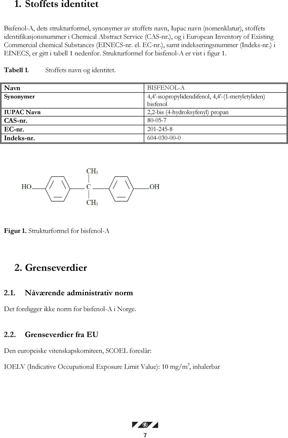 Strukturformel for bisfenol-a er vist i figur 1. Tabell 1. Stoffets navn og identitet. Navn Synonymer IUPAC Navn CAS-nr. 80-05-7 EC-nr. 201-245-8 Indeks-nr.