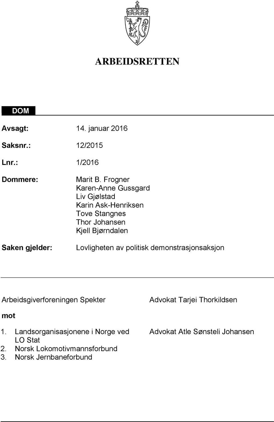 Lovligheten av politisk demonstrasjonsaksjon Arbeidsgiverforeningen Spekter Advokat Tarjei Thorkildsen mot 1.