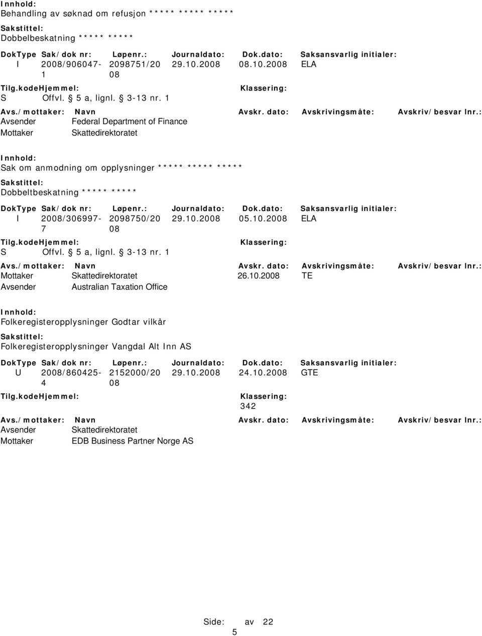 1 Avsender Federal Department of Finance Sak om anmodning om opplysninger ***** ***** ***** Dobbeltbeskatning ***** ***** I 2008/306997-2098750/20 29.