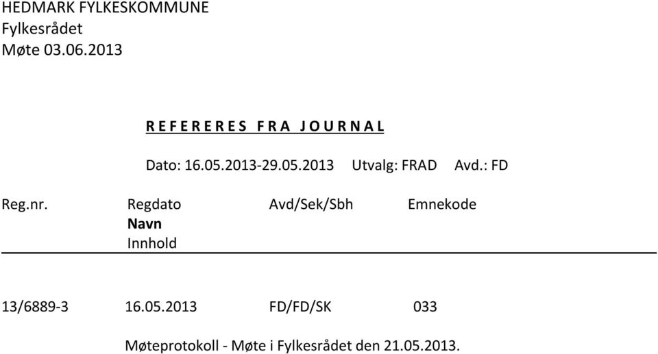 2013-29.05.2013 Utvalg: FRAD Avd.: FD Reg.nr.