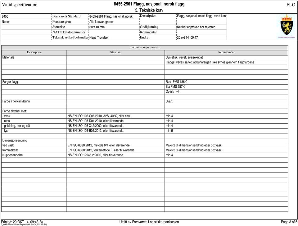 PMS 287 C Optisk hvit Farge Ytterkant/Bunn Svart Farge ektehet mot: - vask - rens - gnidning, tørr og våt - lys NS-EN ISO 105-C06:2010, A2S, 40 C, eller tilsv.