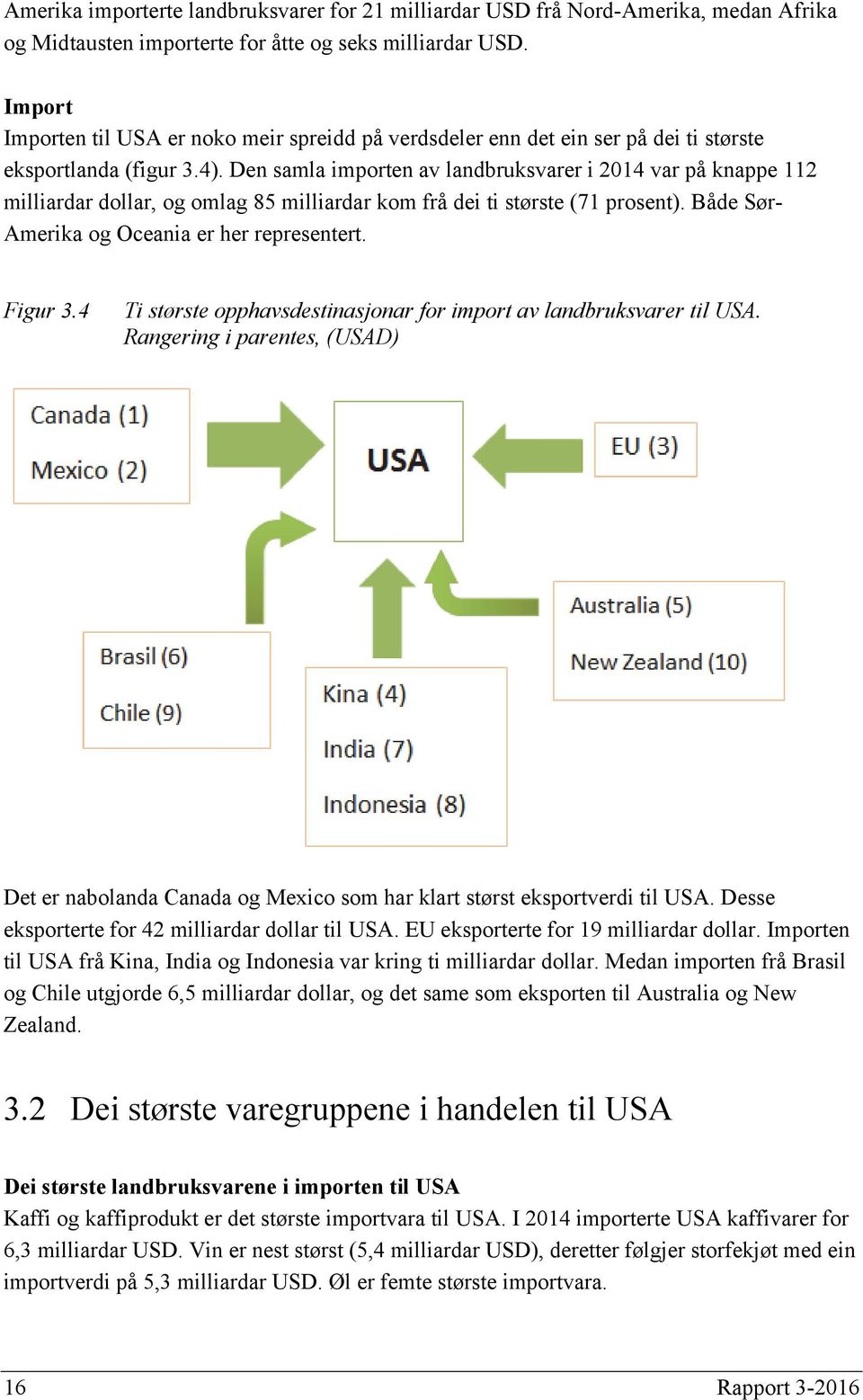 Den samla importen av landbruksvarer i 2014 var på knappe 112 milliardar dollar, og omlag 85 milliardar kom frå dei ti største (71 prosent). Både Sør- Amerika og Oceania er her representert. Figur 3.