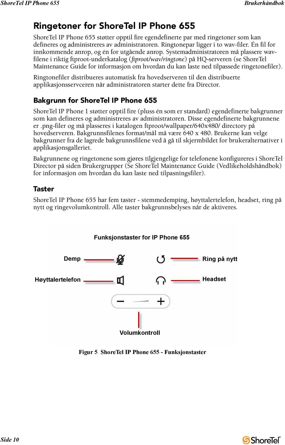 Systemadministratoren må plassere wavfilene i riktig ftproot-underkatalog (ftproot/wav/ringtone) på HQ-serveren (se ShoreTel Maintenance Guide for informasjon om hvordan du kan laste ned tilpassede