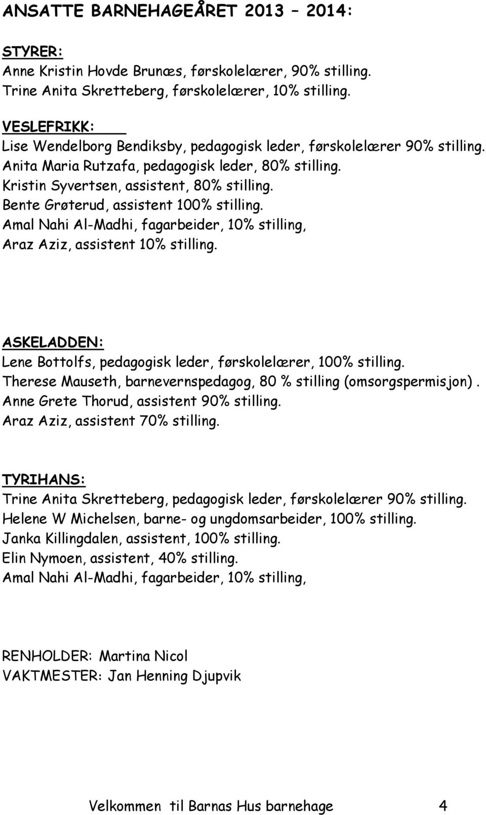 Bente Grøterud, assistent 100% stilling. Amal Nahi Al-Madhi, fagarbeider, 10% stilling, Araz Aziz, assistent 10% stilling. ASKELADDEN: Lene Bottolfs, pedagogisk leder, førskolelærer, 100% stilling.