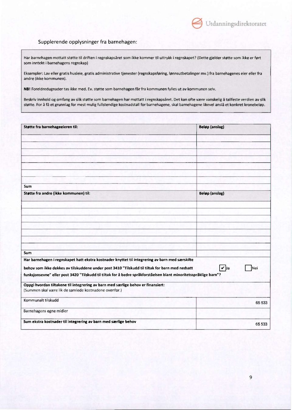 ) fra barnehagenes eier eller fra andre (ikke kommunen). NB! Foreldredugnader tas ikke med. Ev. støtte som barnehagen får fra kommunen fylles ut av kommunen selv.