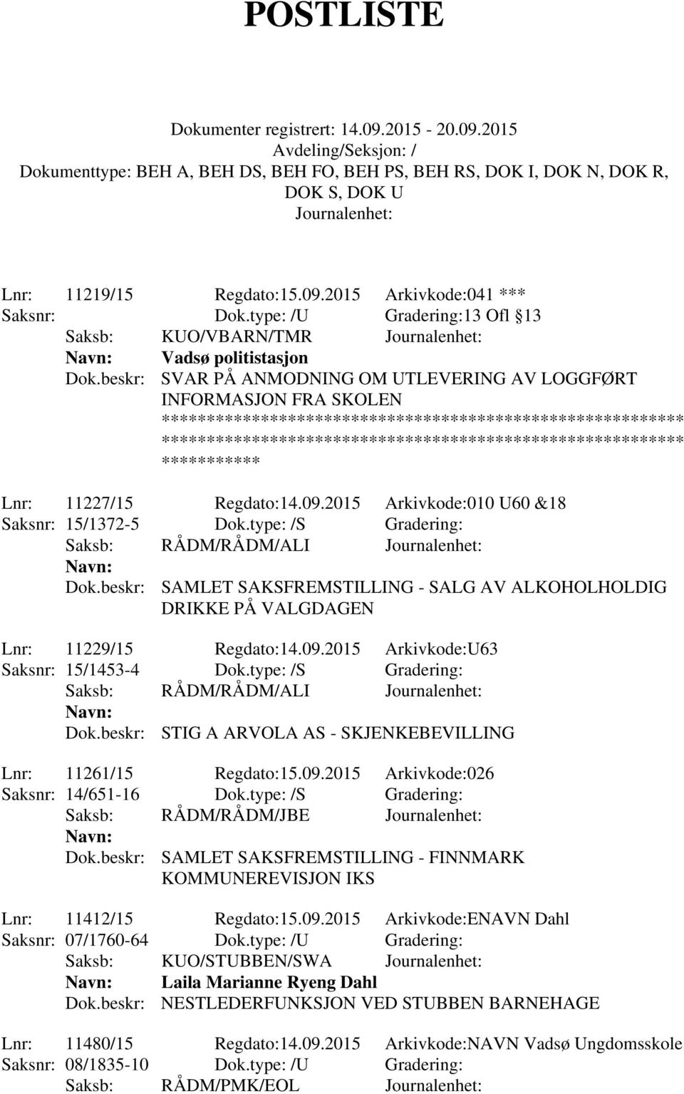 type: /S Gradering: Saksb: RÅDM/RÅDM/ALI Dok.beskr: STIG A ARVOLA AS - SKJENKEBEVILLING Lnr: 11261/15 Regdato:15.09.2015 Arkivkode:026 Saksnr: 14/651-16 Dok.