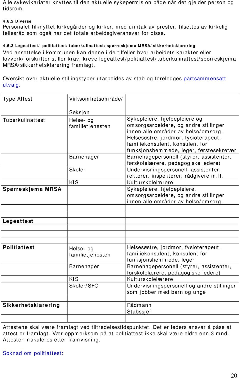 3 Legeattest/ politiattest/tuberkulinattest/spørreskjema MRSA/sikkerhetsklarering Ved ansettelse i kommunen kan denne i de tilfeller hvor arbeidets karakter eller lovverk/forskrifter stiller krav,