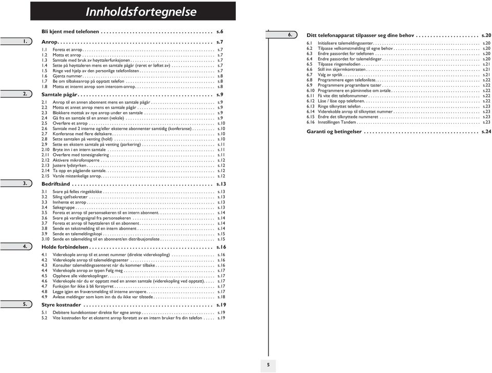 .................. s.7 1. Ringe ved hjelp av den personlige telefonlisten................................. s.7 1. Gjenta nummer.......................................................... s.8 1.