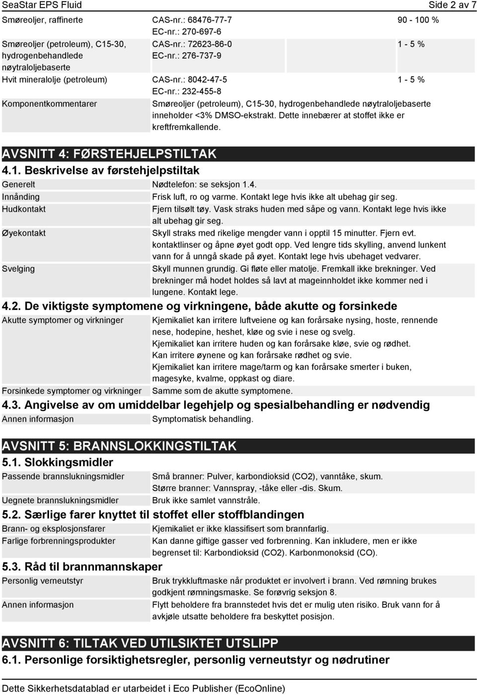 : 232-455-8 Komponentkommentarer Smøreoljer (petroleum), C15-30, hydrogenbehandlede nøytraloljebaserte inneholder <3% DMSO-ekstrakt. Dette innebærer at stoffet ikke er kreftfremkallende.