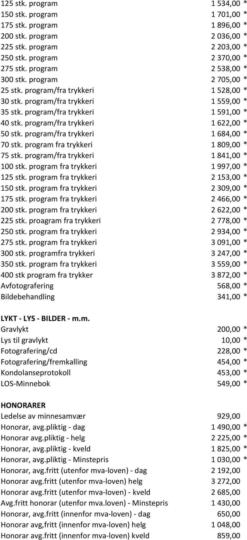 program/fra trykkeri 1 622,00 * 50 stk. program/fra trykkeri 1 684,00 * 70 stk. program fra trykkeri 1 809,00 * 75 stk. program/fra trykkeri 1 841,00 * 100 stk.