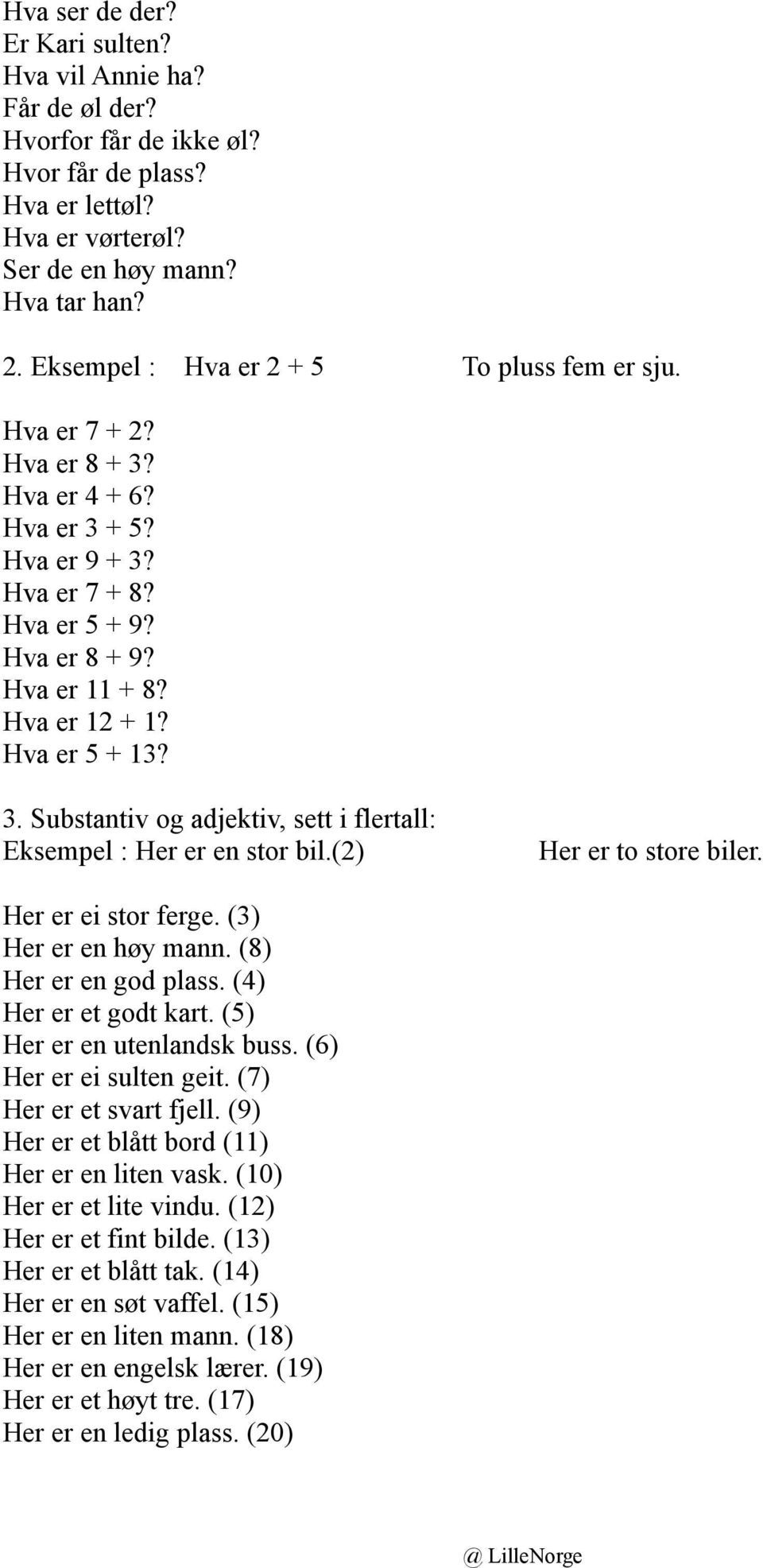 Hva er 5 + 13? 3. Substantiv og adjektiv, sett i flertall: Eksempel : Her er en stor bil.(2) Her er to store biler. Her er ei stor ferge. (3) Her er en høy mann. (8) Her er en god plass.