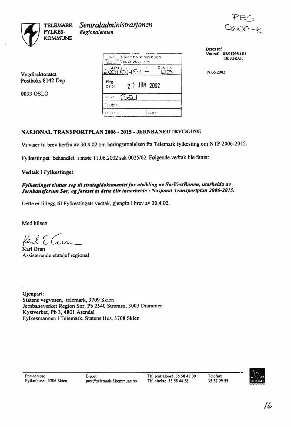 4.02 om høringsuttalelsen fra Telemark fylkesting om NTP 2006-20 t5. Fylkestinget behandlet i møte 11.06.2002 sak 0025/02.