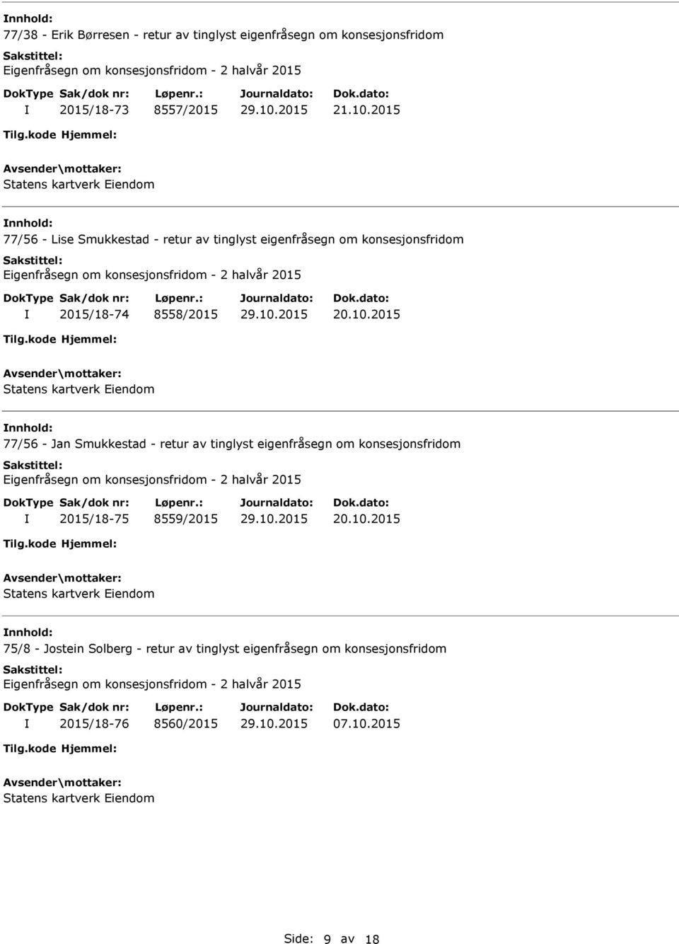 2015 77/56 - Jan Smukkestad - retur av tinglyst eigenfråsegn om konsesjonsfridom Eigenfråsegn om konsesjonsfridom - 2 halvår 2015 2015/18-75 8559/2015 20.10.