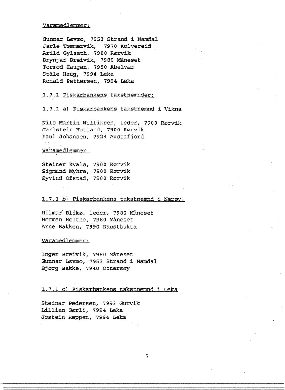 7.1 a) Fiskarbankens takstnemnd i Vikna Nils Martin Williksen, leder, 7900 Rørvik Jarlstein Hatland, 7900 Rørvik Paul Johansen, 7924 Austafjord Varamedlemmer: Steiner Kvalø, 7900 Rørvik Sigmund