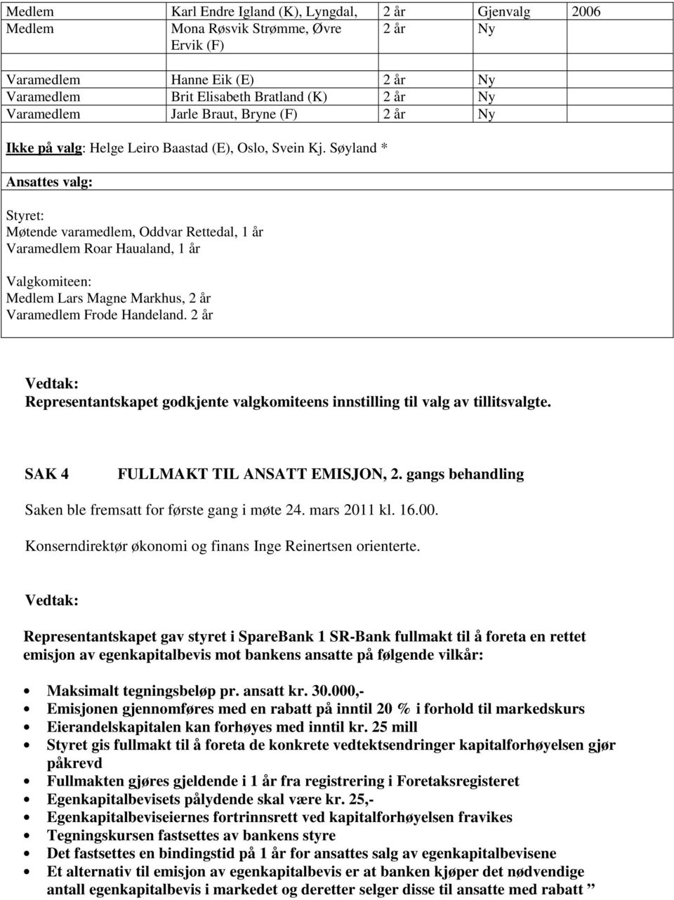 Søyland * Ansattes valg: Styret: Møtende varamedlem, Oddvar Rettedal, 1 år Varamedlem Roar Haualand, 1 år Valgkomiteen: Medlem Lars Magne Markhus, 2 år Varamedlem Frode Handeland.