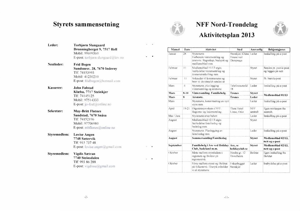 97514333 Mars E-post: jo-foel'a online no April 19-21 Sekretær: May-Britt Flatnes Sandstad, 7670 Snåsa 'Mai / Juni * Tlf: 74152196 Augu.st Mobil: 97706980 E-post: mlitlones.