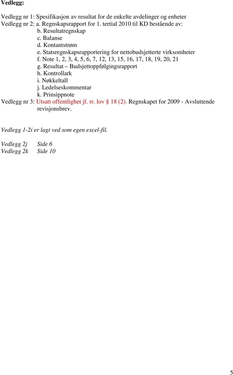 Note 1, 2, 3, 4, 5, 6, 7, 12, 13, 15, 16, 17, 18, 19, 20, 21 g. Resultat Budsjettoppfølgingsrapport h. Kontrollark i. Nøkkeltall j. Ledelseskommentar k.