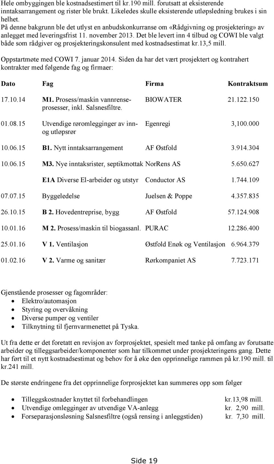 Det ble levert inn 4 tilbud og COWI ble valgt både som rådgiver og prosjekteringskonsulent med kostnadsestimat kr.13,5 mill. Oppstartmøte med COWI 7. januar 2014.