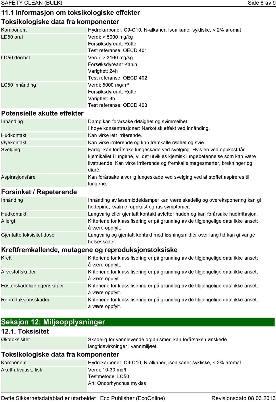 Potensielle akutte effekter Innånding Hudkontakt Øyekontakt Svelging Aspirasjonsfare Forsinket / Repeterende Innånding Hudkontakt Allergi Gjentatte toksisitet doser Verdi: > 5000 mg/kg