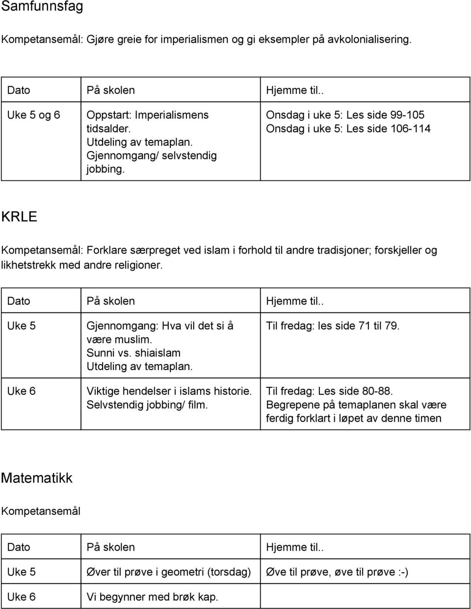 Uke 5 Uke 6 Gjennomgang: Hva vil det si å være muslim. Sunni vs. shiaislam Utdeling av temaplan. Viktige hendelser i islams historie. Selvstendig jobbing/ film. Til fredag: les side 71 til 79.