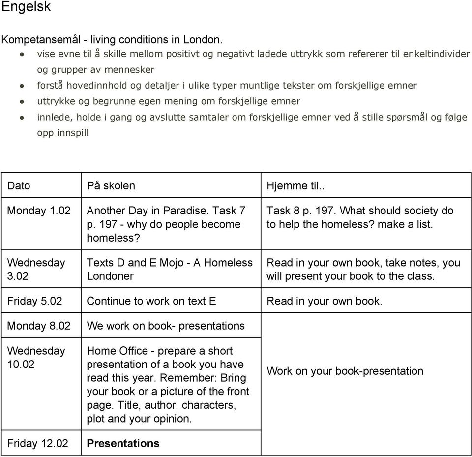 forskjellige emner uttrykke og begrunne egen mening om forskjellige emner innlede, holde i gang og avslutte samtaler om forskjellige emner ved å stille spørsmål og følge opp innspill Monday 1.