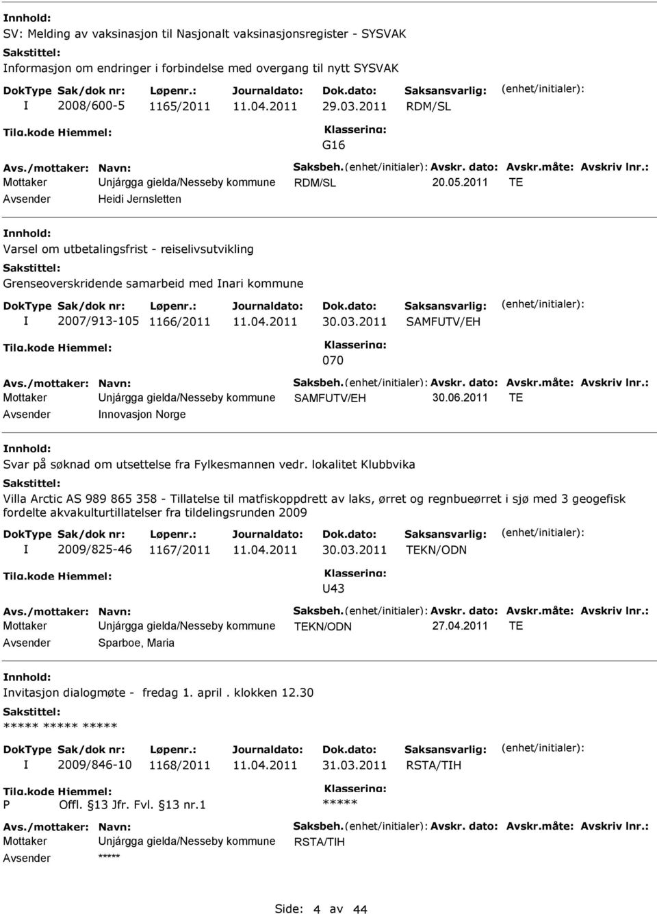 2011 TE Avsender Heidi Jernsletten nnhold: Varsel om utbetalingsfrist - reiselivsutvikling Grenseoverskridende samarbeid med nari kommune 2007/913-105 1166/2011 30.03.2011 SAMFUTV/EH 070 Avs.