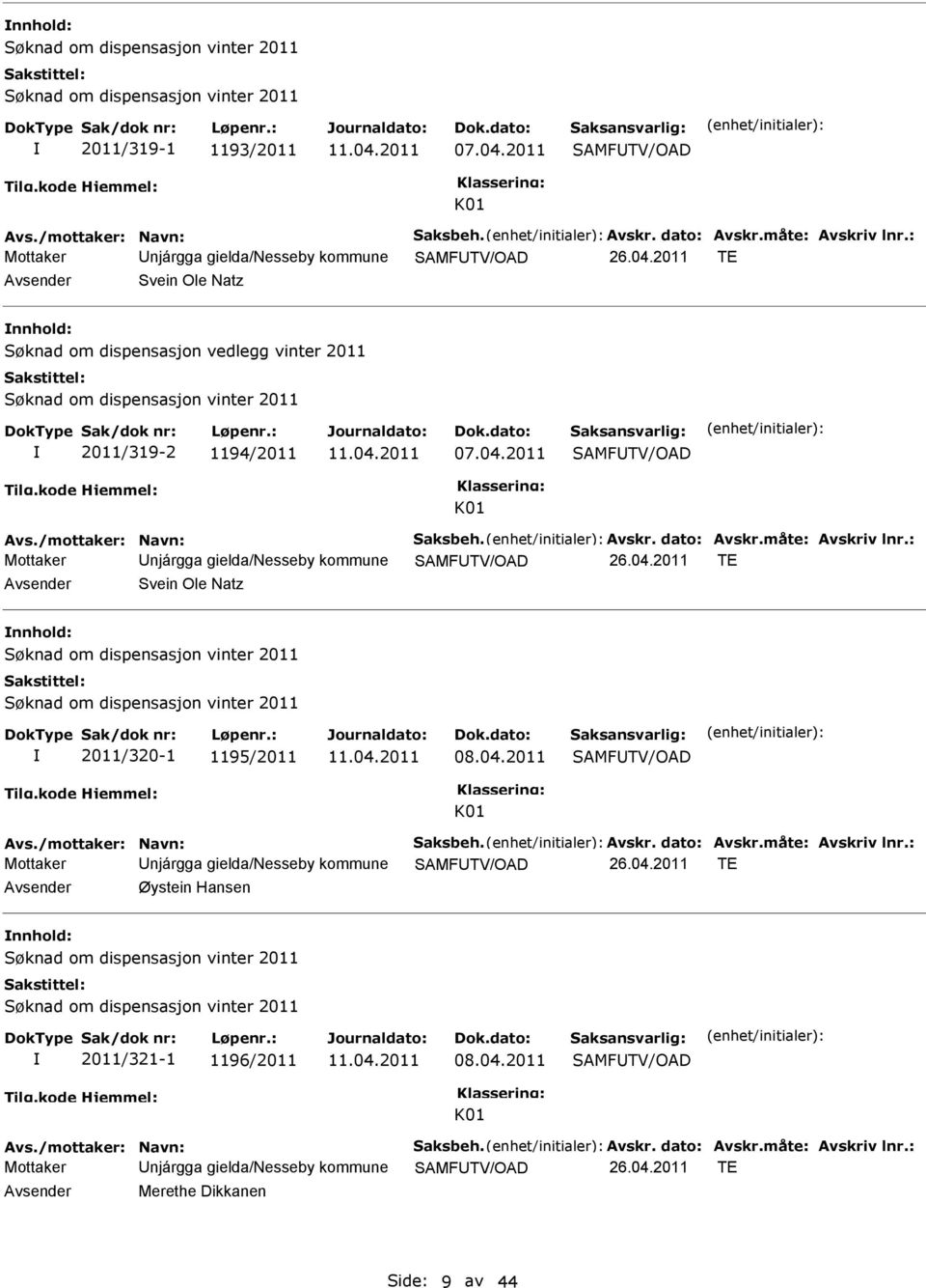 04.2011 Avs./mottaker: Navn: Saksbeh. Avskr. dato: Avskr.måte: Avskriv lnr.: Mottaker Unjárgga gielda/nesseby kommune 26.04.2011 TE Avsender Merethe Dikkanen Side: 9 av 44