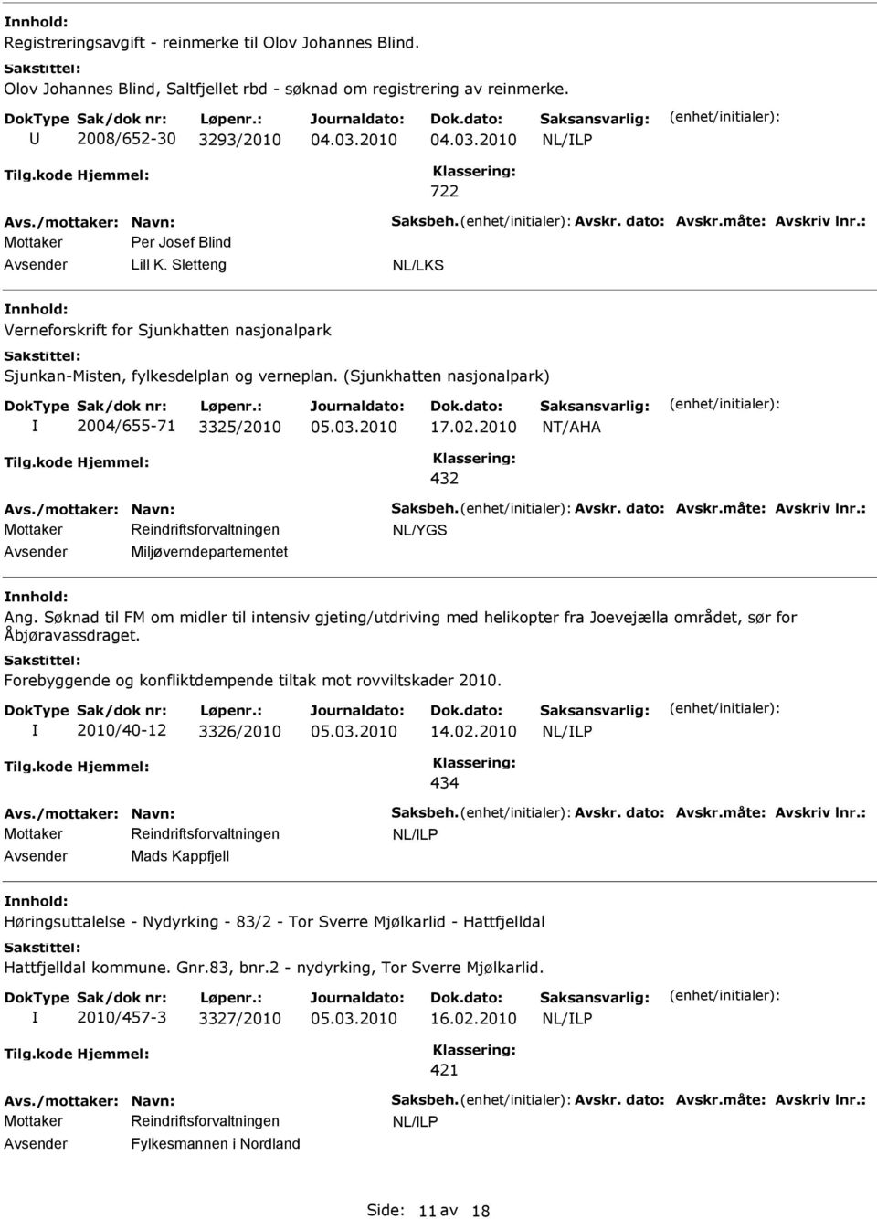 2010 NT/AHA 432 Reindriftsforvaltningen NL/YGS Miljøverndepartementet Ang. Søknad til FM om midler til intensiv gjeting/utdriving med helikopter fra Joevejælla området, sør for Åbjøravassdraget.