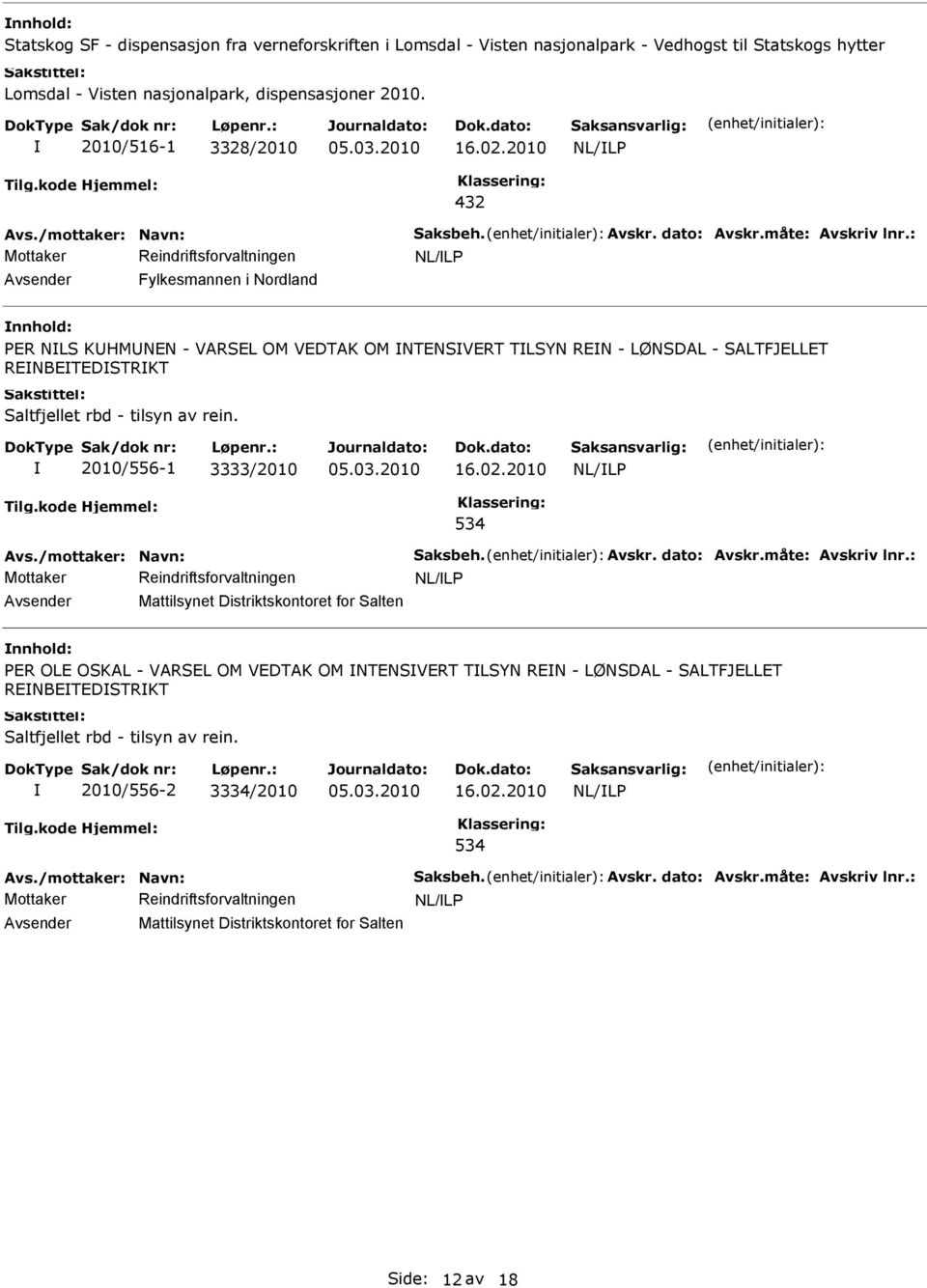 2010 432 Reindriftsforvaltningen Fylkesmannen i Nordland PER NLS KHMNEN - VARSEL OM VEDTAK OM NTENSVERT TLSYN REN - LØNSDAL - SALTFJELLET RENBETEDSTRKT Saltfjellet rbd - tilsyn