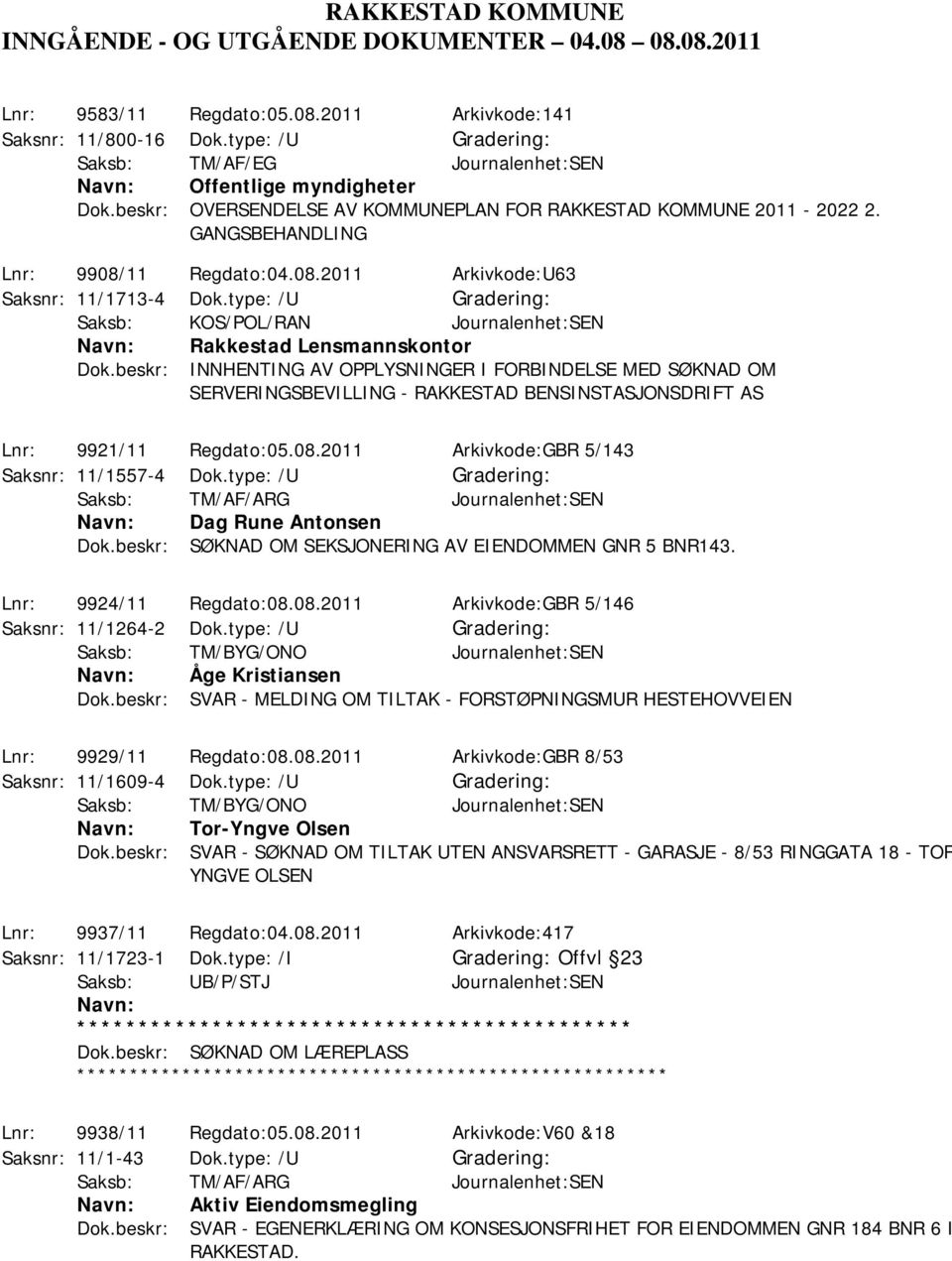 11 Regdato:04.08.2011 Arkivkode:U63 Saksnr: 11/1713-4 Dok.type: /U Rakkestad Lensmannskontor Dok.