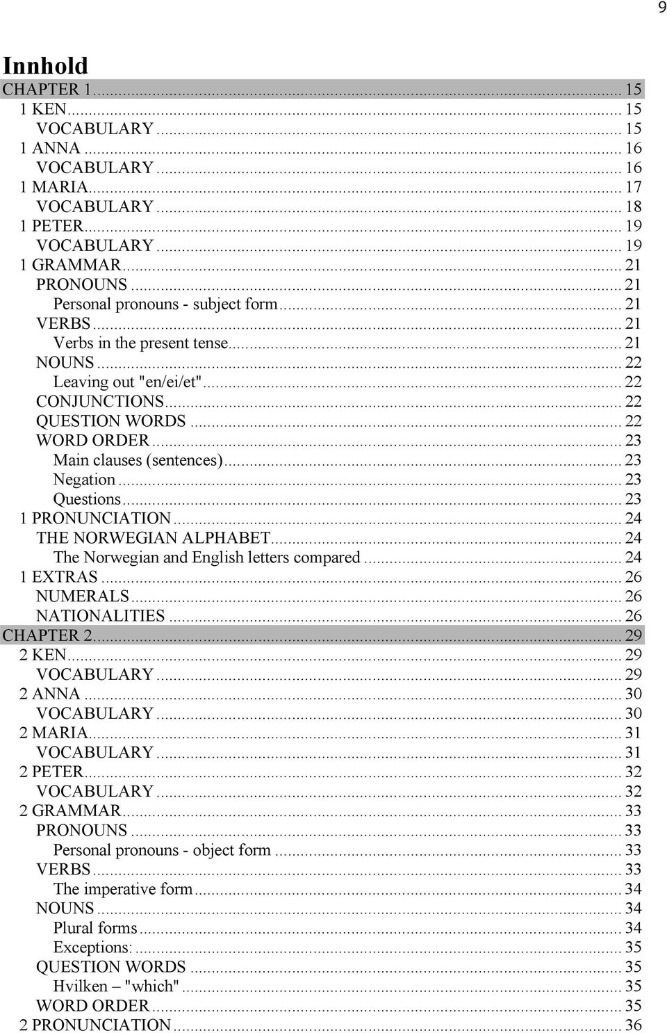 .. 23 Main clauses (sentences)... 23 Negation... 23 Questions... 23 1 PRONUNCIATION... 24 THE NORWEGIAN ALPHABET... 24 The Norwegian and English letters compared... 24 1 EXTRAS... 26 NUMERALS.