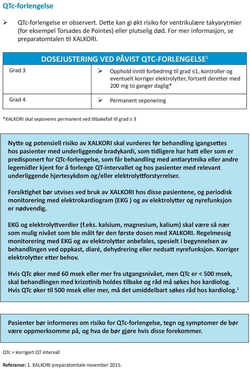 Grad 3 Grad 4 DOSEJUSTERING VED PÅVIST QTC-FORLENGELSE 1 Opphold inn l forbedring l grad 1, kontroller og eventuelt korriger elektroly er, fortse dere er med 200 mg to ganger daglig* Permanent