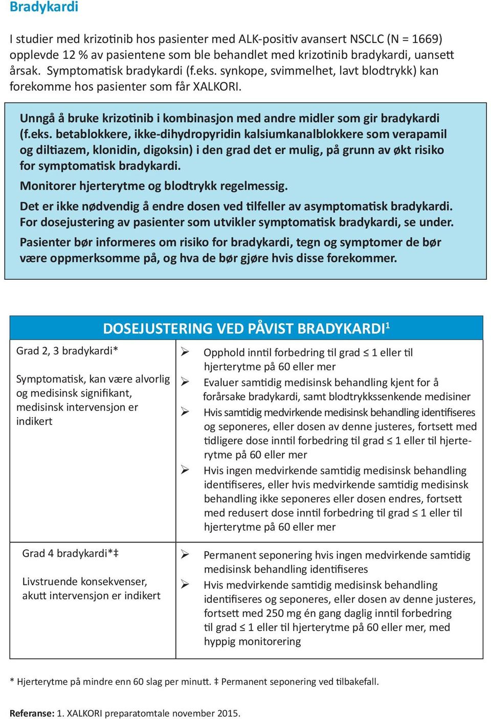 synkope, svimmelhet, lavt blodtrykk) kan forekomme hos pasienter som får XALKORI. Unngå å bruke krizo nib i kombinasjon med andre midler som gir bradykardi (f.eks.