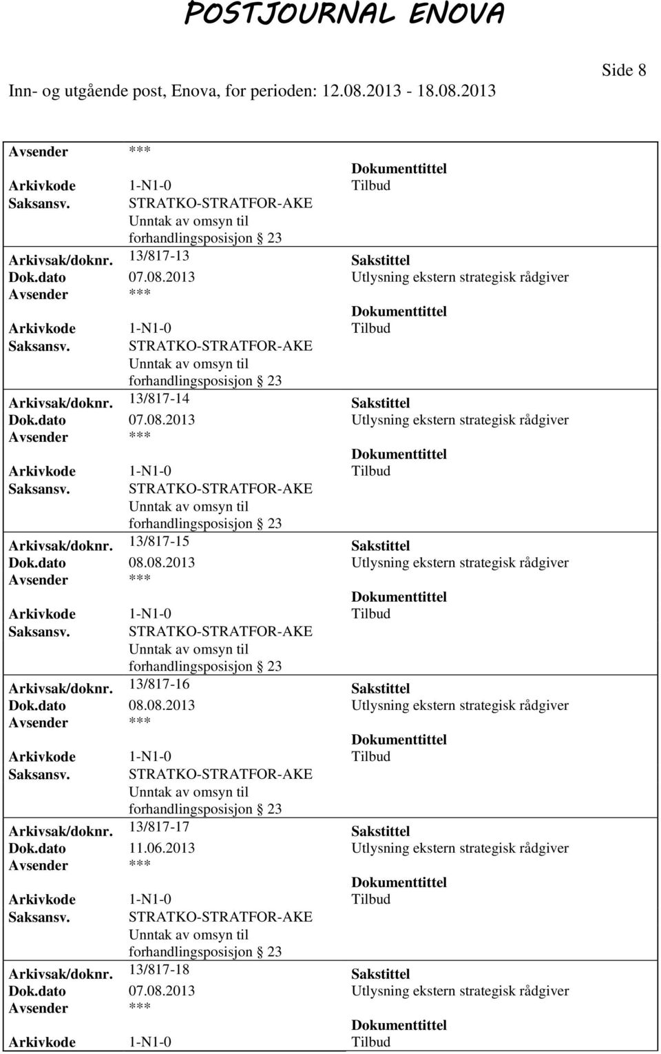 dato 08.08.2013 Utlysning ekstern strategisk rådgiver Arkivsak/doknr. 13/817-17 Sakstittel Dok.dato 11.06.