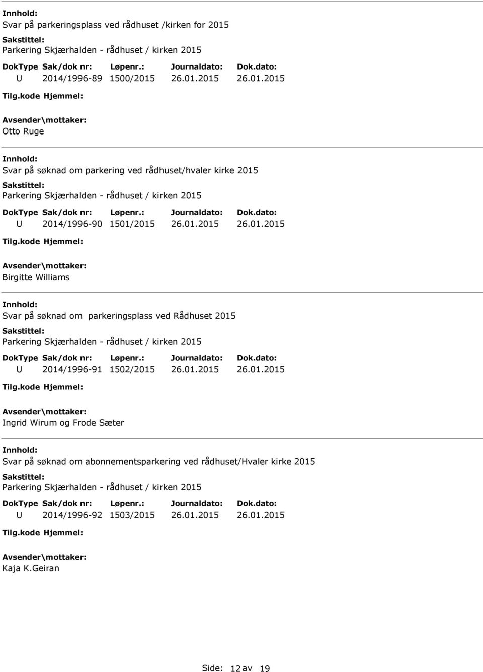 parkeringsplass ved Rådhuset 2015 2014/1996-91 1502/2015 ngrid Wirum og Frode Sæter Svar på søknad om