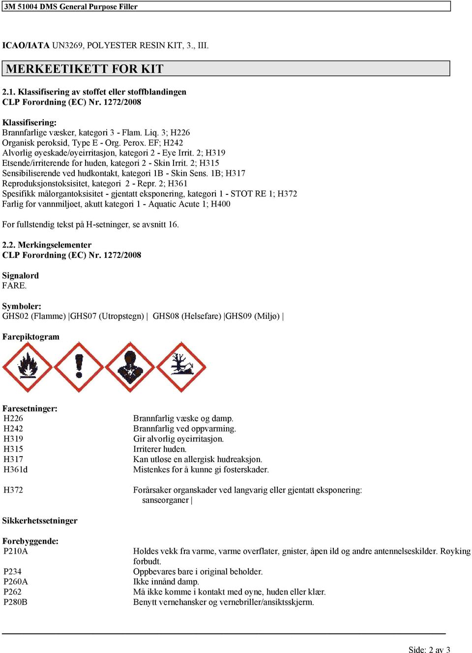 2; H319 Etsende/irriterende huden, kategori 2 - Skin Irrit. 2; H315 Sensibiliserende ved hudkontakt, kategori 1B - Skin Sens. 1B; H317 Reproduksjonstoksisitet, kategori 2 - Repr.