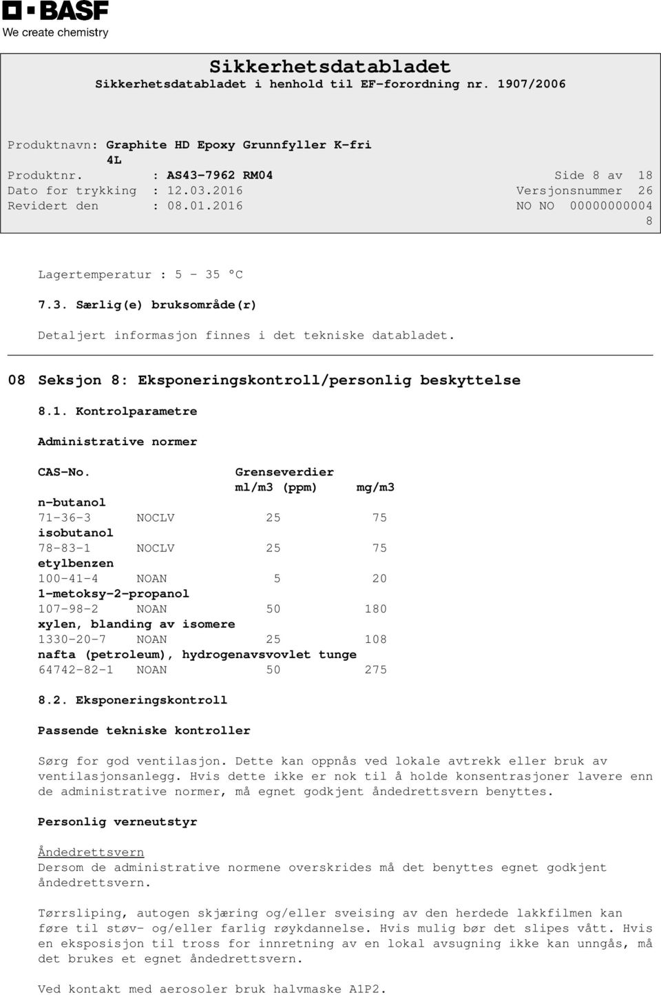 Grenseverdier ml/m3 (ppm) mg/m3 n-butanol 71-36-3 NOCLV 25 75 isobutanol 78-83-1 NOCLV 25 75 etylbenzen 100-41-4 NOAN 5 20 1-metoksy-2-propanol 107-98-2 NOAN 50 180 xylen, blanding av isomere