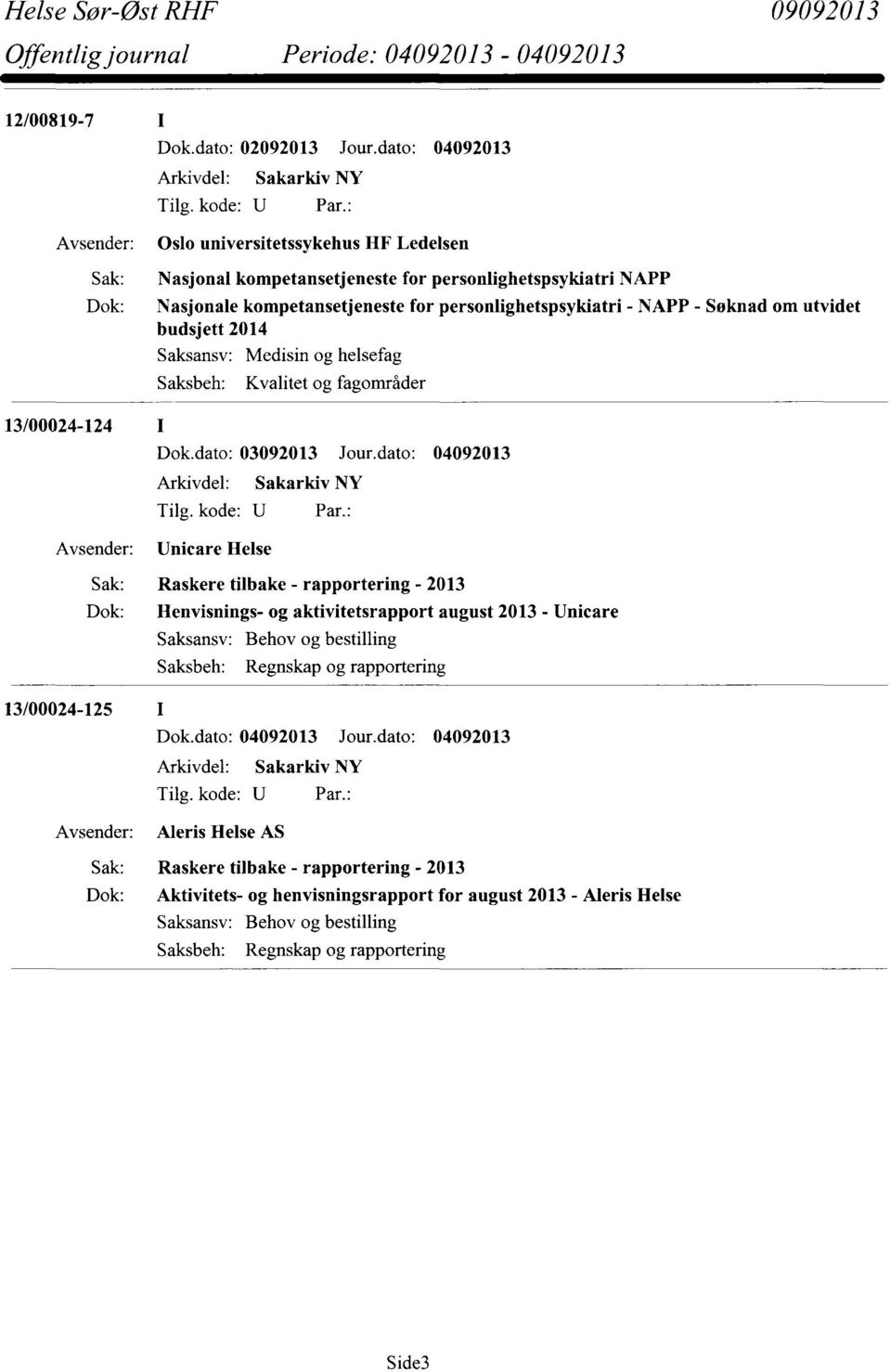 NAPP - Søknad om utvidet budsjett 2014 Saksbeh: Kvalitet og fagområder 13/00024-124 I Unicare Helse Raskere tilbake - rapportering - 2013 Henvisnings- og aktivitetsrapport