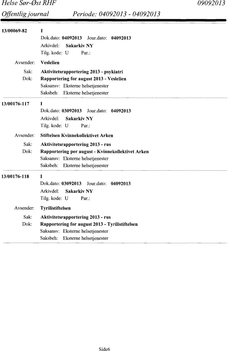 Aktivitetsrapportering 2013 - rus Rapportering per august - Kvinnekollektivet Arken Tyrilistiftelsen