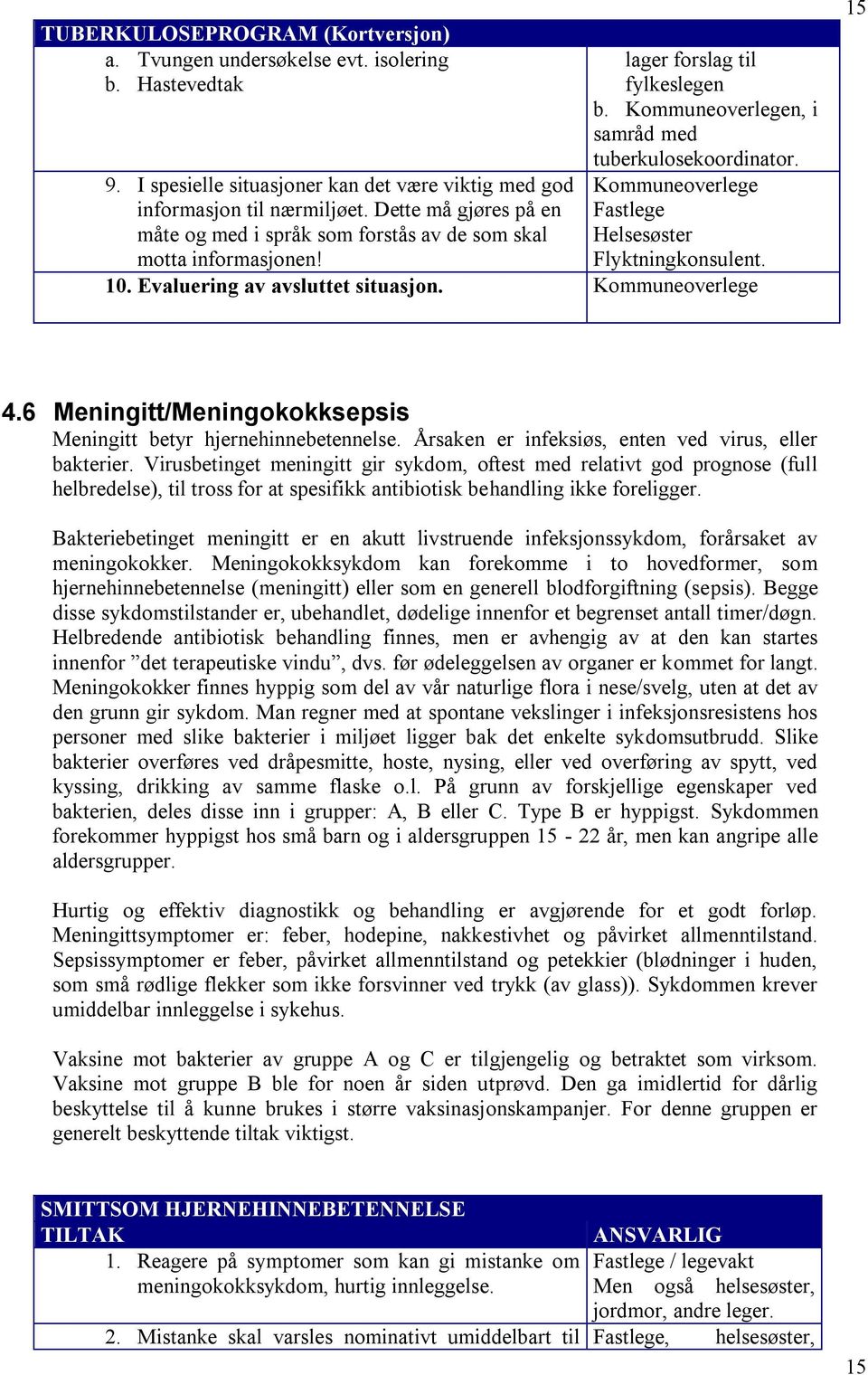 Fastlege Helsesøster Flyktningkonsulent. 10. Evaluering av avsluttet situasjon. 15 4.6 Meningitt/Meningokokksepsis Meningitt betyr hjernehinnebetennelse.