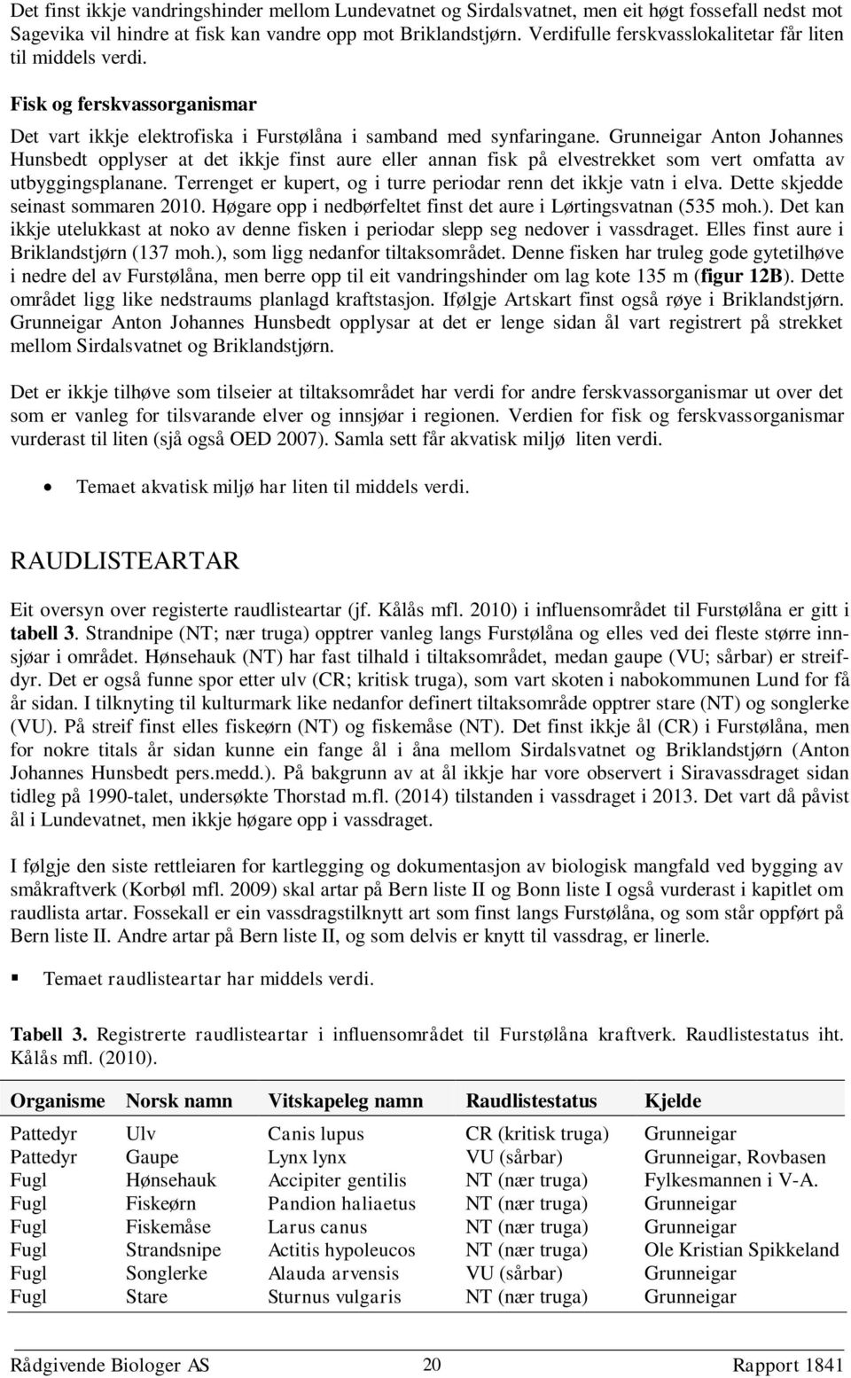 Grunneigar Anton Johannes Hunsbedt opplyser at det ikkje finst aure eller annan fisk på elvestrekket som vert omfatta av utbyggingsplanane.